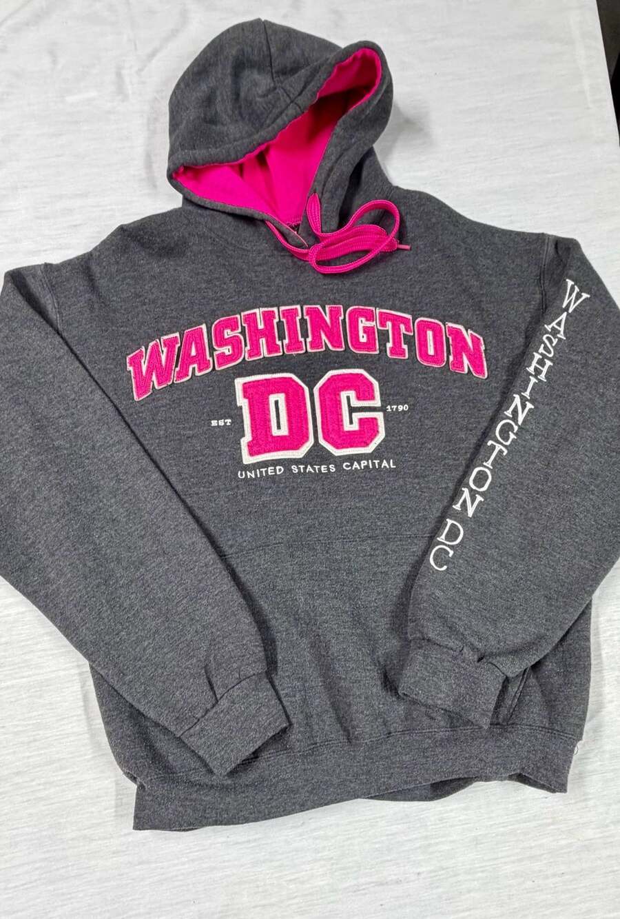 Washington DC Charcoal Gray Hoodie with Pink Embroidered Lettering